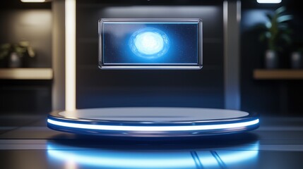 Floating LED-lit podium with a hovering hologram screen