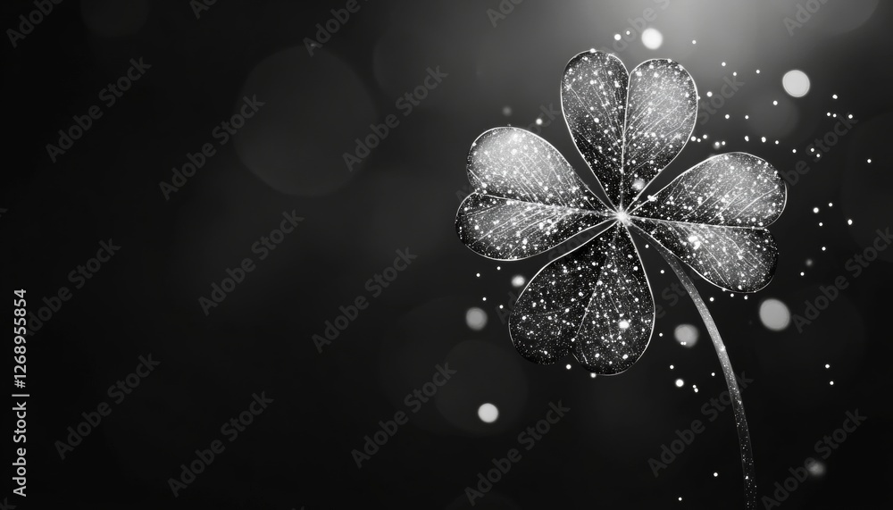 Poster a striking black and white starry clover on a dark background with sparkling dots in each leaf