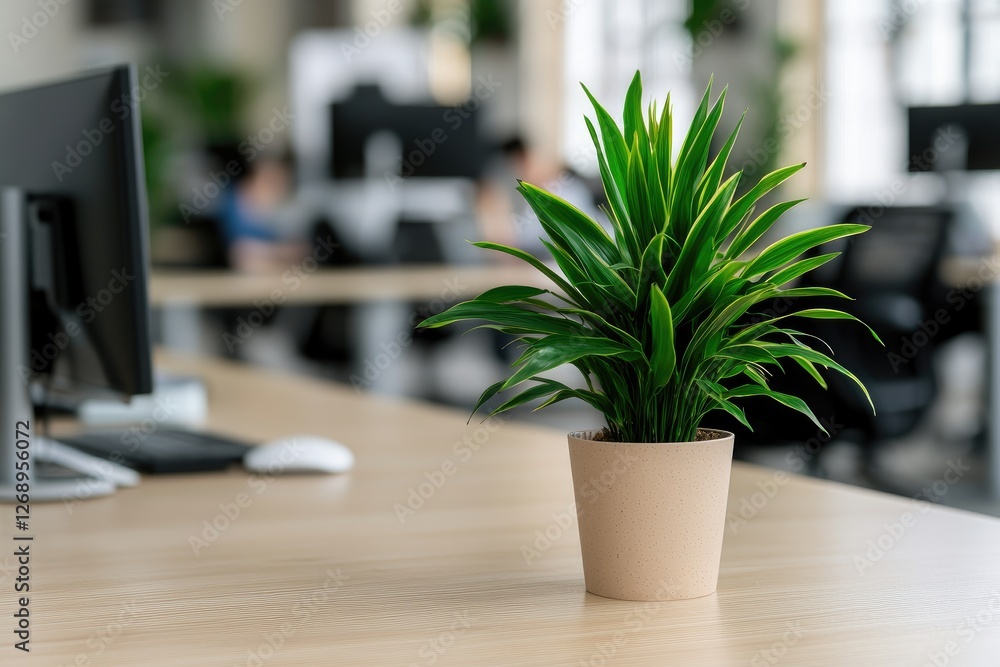 Poster a vibrant potted plant sits on a desk in an office, adding a touch of greenery to the workspace with
