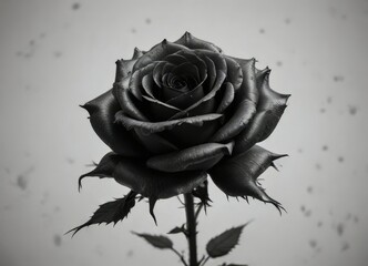Dark and mysterious black rose against a soft white background, dark background, solitary, delicate petals