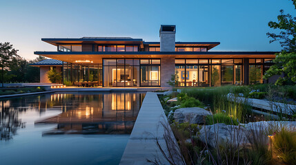Fototapeta premium Elegant contemporary home with an endless pond and a seaside outside living space