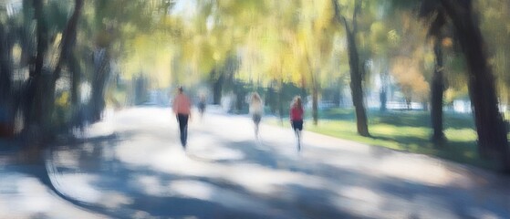 Fototapeta premium Peaceful and serene park landscape with silhouetted figures walking along a pathway surrounded by trees and sunlight filtering through the branches