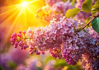 Golden Sunlight Illuminates Delicate Lilac Blossoms: Springtime Floral Abstract