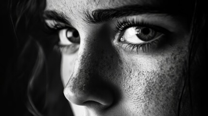 Fototapeta premium Intense close-up of young female's expressive eyes in black and white