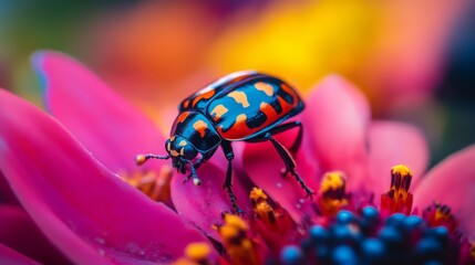 Fototapeta premium Bright beetle with orange spots on a pink flower in a vibrant garden scene