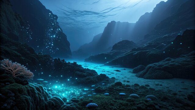 Darkened ocean floor, dimly lit by soft blue glow of bioluminescent creatures, surrounded by towering underwater mountains and endless darkness, bioluminescence, expedition, marine life