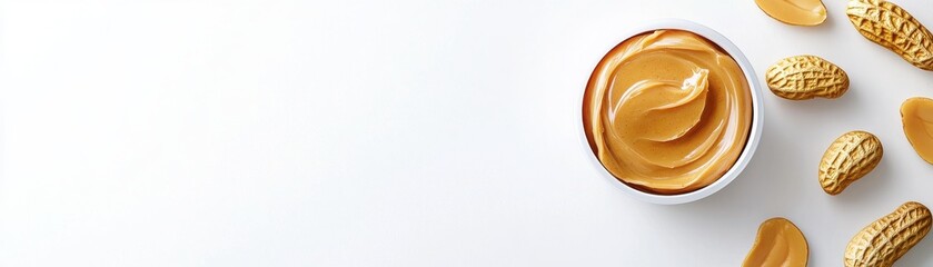 Delicious creamy peanut butter with whole nuts on a white background.