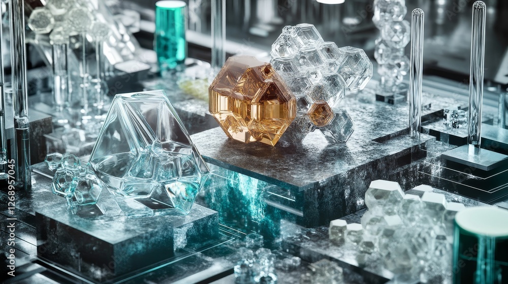 Poster crystalline structures of varied shape and color.