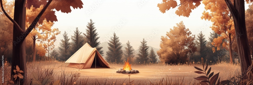 Poster Cozy camping setup in a serene autumn forest with a warm campfire and a tent set against a backdrop of colorful trees. Generative AI