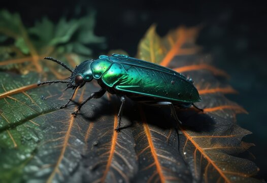 Dark green leaf with a bioluminescent click beetle Pyrophorus sp on its surface, entomology, pyrophorus insect