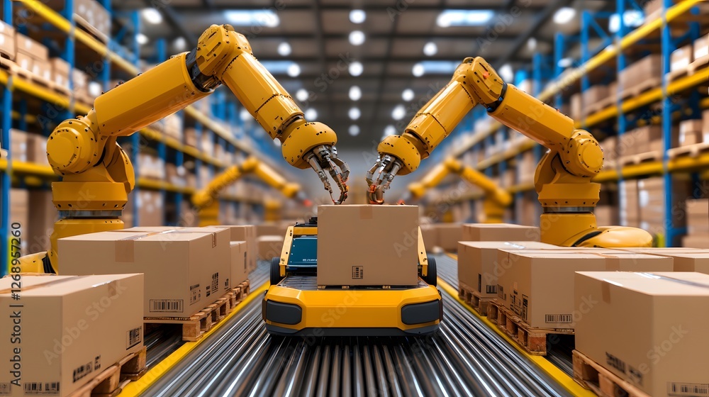 Poster automated package handling with robotic arms in warehouse industrial setting high-tech environment a