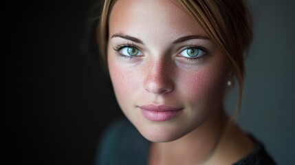 Fototapeta premium Young female with freckles and green eyes stares intently in portrait