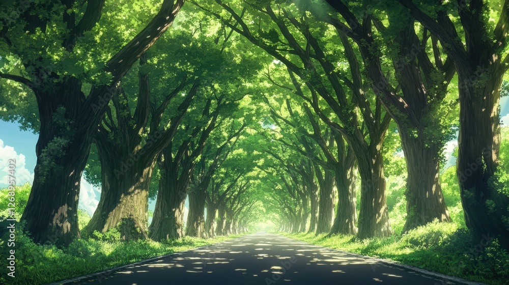 Poster a road lined with tall, ancient trees whose branches create a canopy overhead.