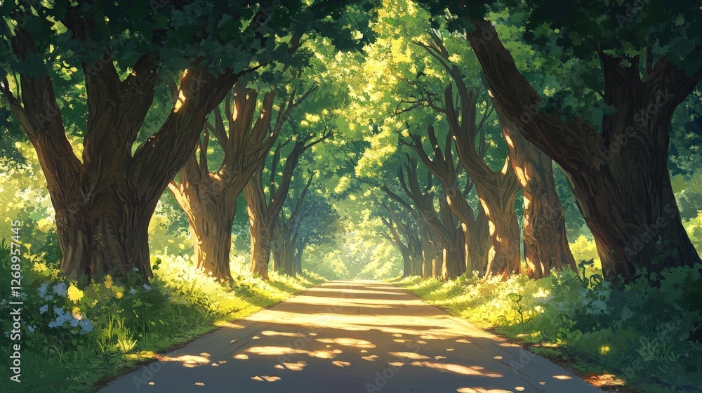 Poster a road lined with tall, ancient trees whose branches create a canopy overhead.