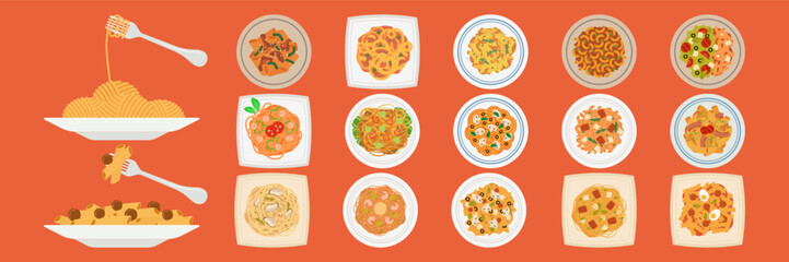 Colorful pasta dishes with various toppings. Flat Vector Illustration Pasta and Salad Combinations Set