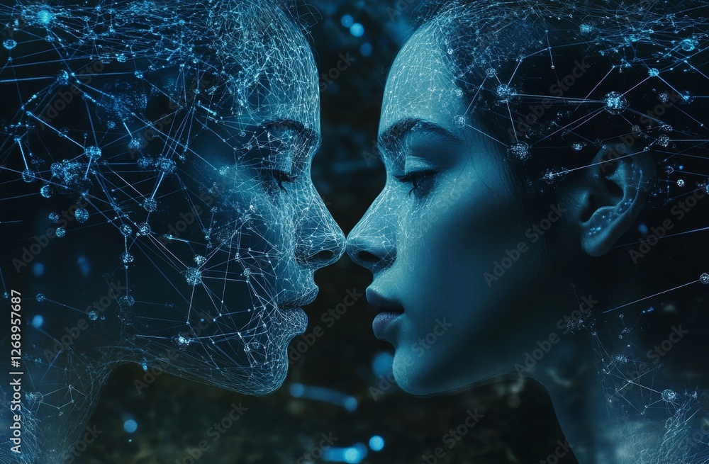 Poster double exposure of two faces with digital ai patterns and blue tones interconnected nodes