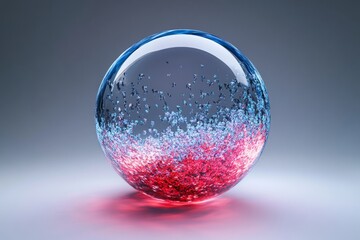 Realistic 3d render of an abstract glass sphere with blue and red liquid on grey background
