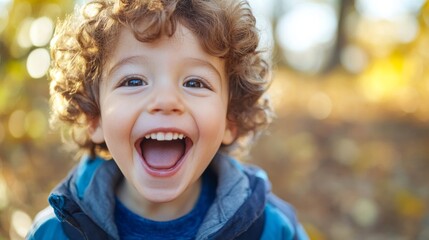 Fototapeta premium Joyful young child with curly hair laughing in autumn outdoors