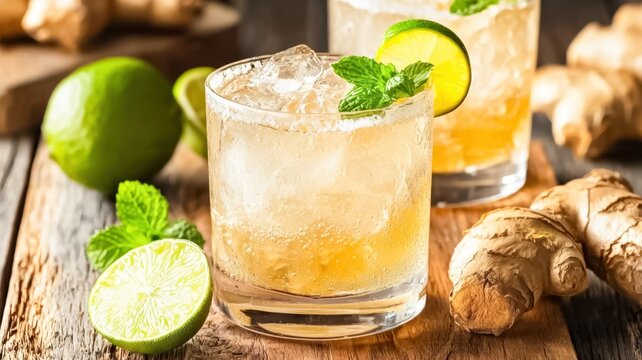 Refreshing ginger cocktails served in glasses, garnished with lime and mint, showcasing a vibrant blend of flavors.