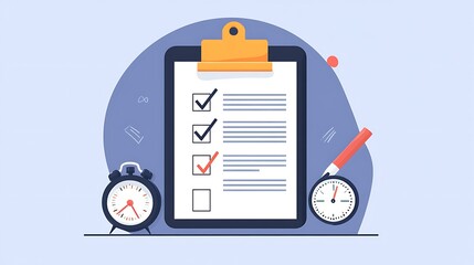 A stylized illustration of a clipboard with a checklist, pen, and stopwatch, symbolizing time management
