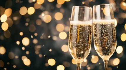 Two champagne flutes clink together against a backdrop of shimmering golden bokeh, creating a festive and celebratory atmosphere.