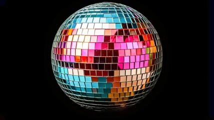 A vibrant disco ball reflects colorful light patterns against a dark background, evoking a lively and festive atmosphere.