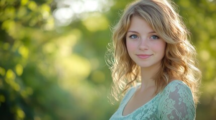 Naklejka premium Young female with blonde hair smiling outdoors in sunlit forest
