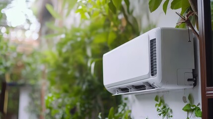 Electrician servicing white air conditioner with tools   ideal for commercial repair promotion
