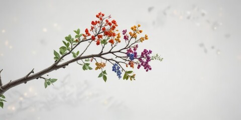 Delicate branch with colorful heart isolated on a white background, foliage, blossom, nature