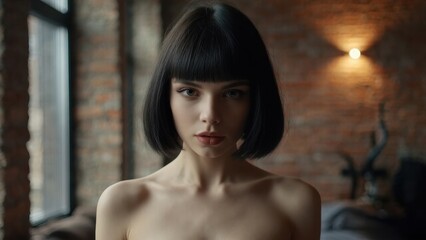 Fototapeta premium Confident woman with short black hair poses in a stylish urban apartment with brick walls and soft lighting
