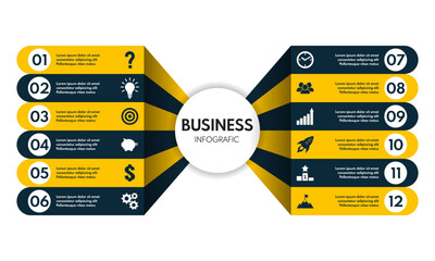 12 options business infographic, steps to success, yellow black vector illustration