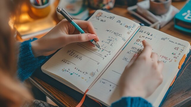 A person checking off a task in a bullet journal, with colorful calligraphy and decorations