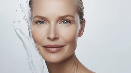 Fototapeta premium Hydration and Radiance: Close-up of a woman's face, half-covered by a splash of water, showcasing healthy, radiant skin. The image evokes freshness and beauty.