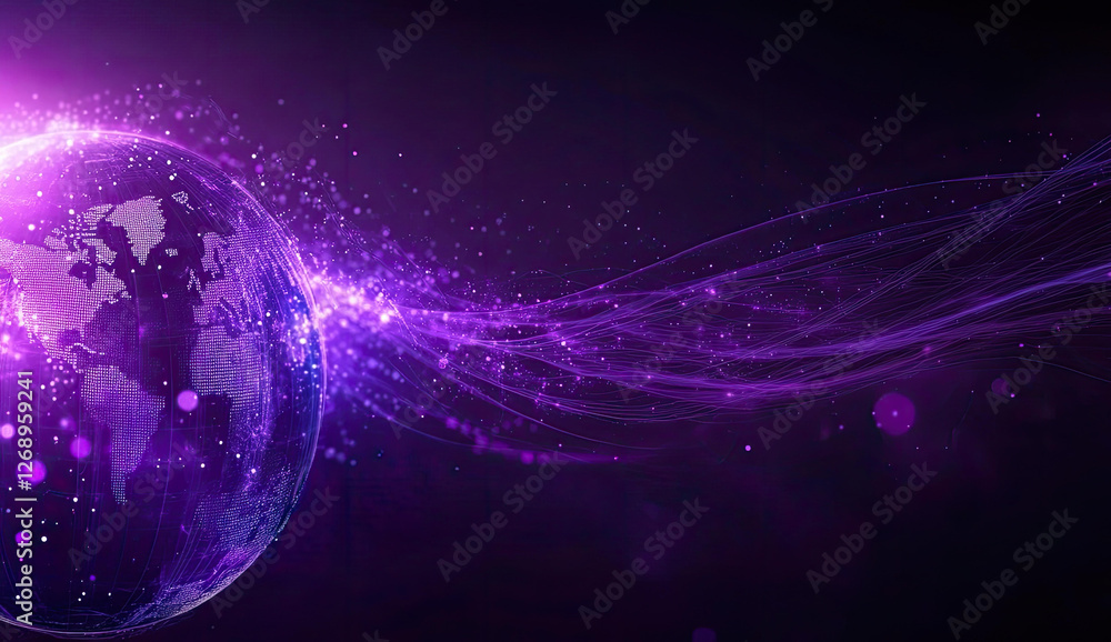 Poster global network connections abstract purple world map digital data flow technology background