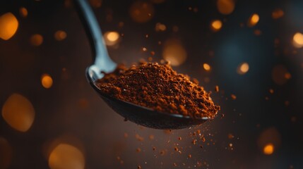 Spoonful of ground coffee with floating particles in warm lighting