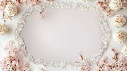 Elegant pastel cupcakes with cherry blossoms, decorative tray, blank space for text,  perfect for invitation or design