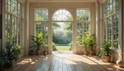 Fototapeta premium Bright sunlit conservatory interior with lush green plants and wooden floor overlooking garden
