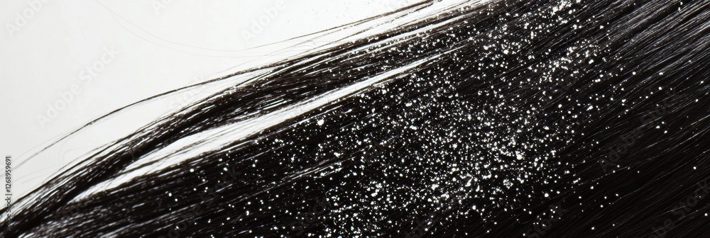 Poster close up view highlighting dandruff flakes scattered across dark hair strands with ample text space 
