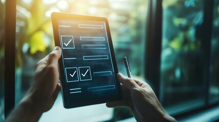 A digital touchscreen interface displaying a checklist with completed and pending tasks, representing task management