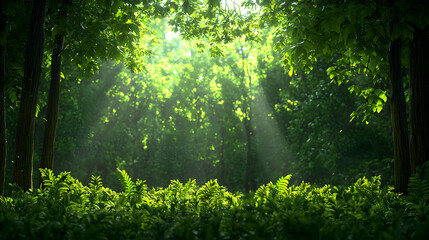 Fototapeta premium Lush Green Forest with Sunlight Streaming Through the Canopy in Morning