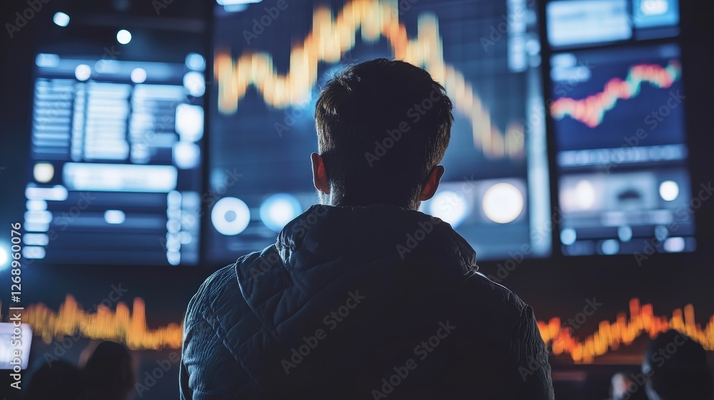 Poster a person attending a conference on digital currency and blockchain technology, with screens showing 
