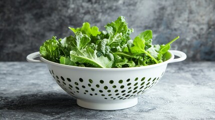 Fresh green kale and arugula leaves in a colander on gray background