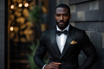 Elegant black man wearing tuxedo and bow tie posing near building