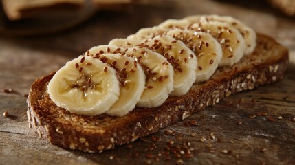 Sliced banana on whole grain toast with flax seeds on wooden table
