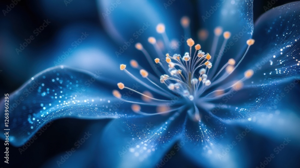 Poster detailed close up of a blue flower showcasing intricate textures and vibrant colors in a natural set