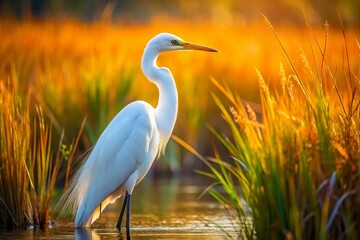 Fototapeta premium Great White Egret in Wetlands: Serene Wildlife Photography