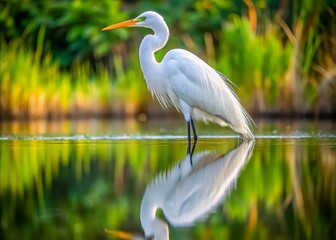 Obraz premium Great White Egret Lakeside Reflection - Calm Water, Bird Wildlife Photography
