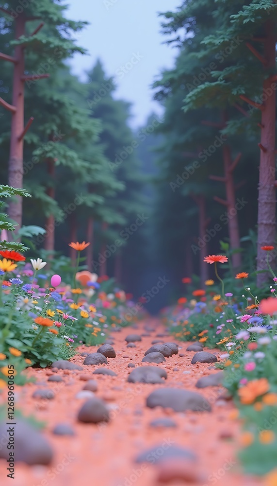 Poster generative ai image of a serene forest path adorned with colorful flowers