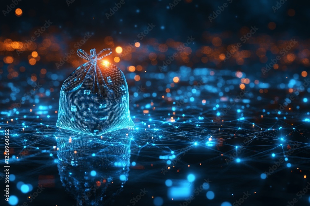 Poster a digital money bag glowing above a network of data particles in a futuristic setting