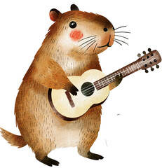 A whimsical capybara playing a small guitar in a cartoon style.